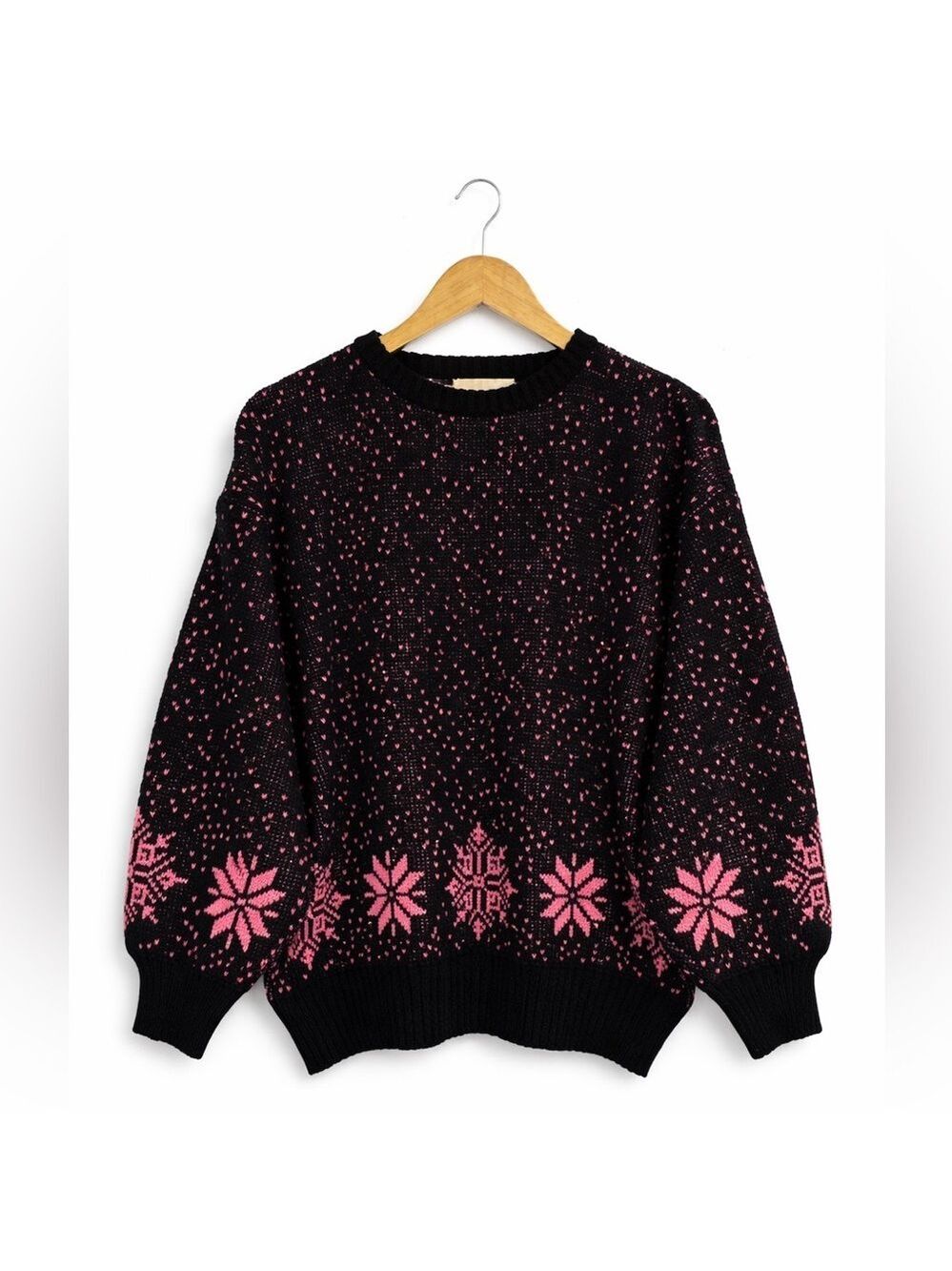 Vintage Black Pink Nordic Knit Sweater 80s 90s Large